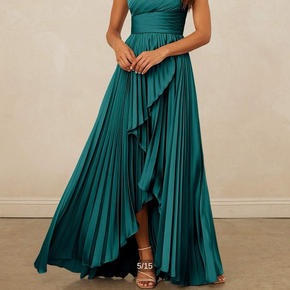 Azazie One Shoulder Teal Pleated Dress - Picture 7 of 8